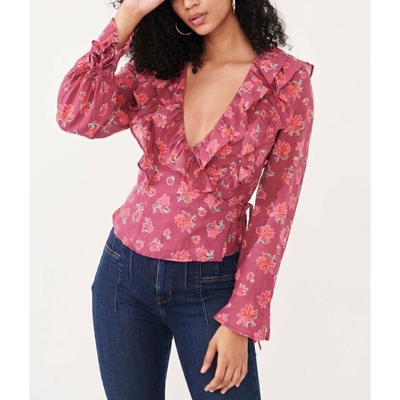 Free People Amanda Ruffle Top / Sultry Combo Wrap Blouse NWOT - Picture 1 of 6